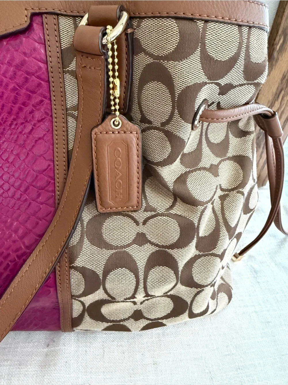 Coach Brown Signature Carryall Drawstring Pink Snakeskin Stripe Bag